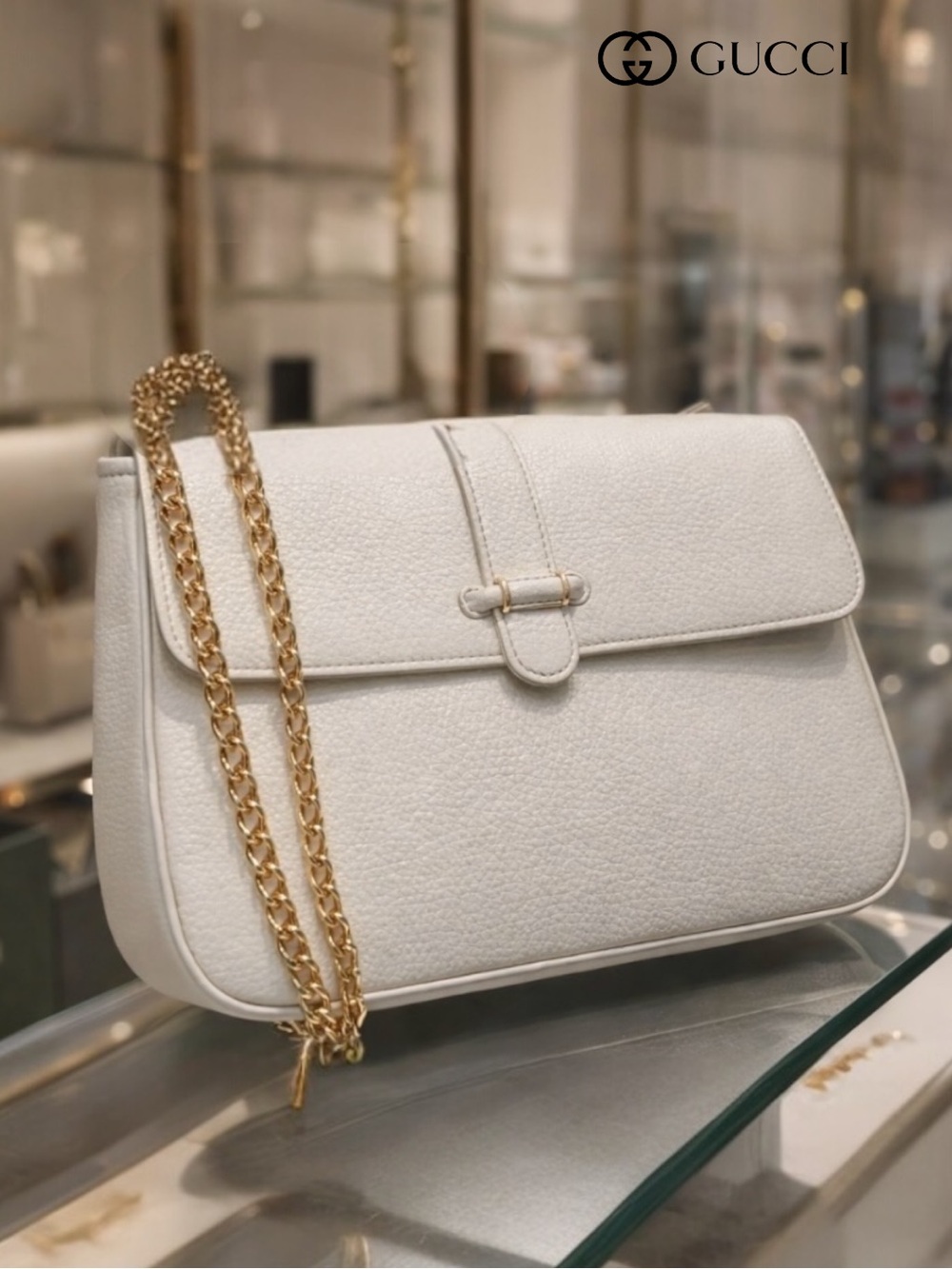 Gucci White Leather Shoulder Bag with Gold Chain Strap